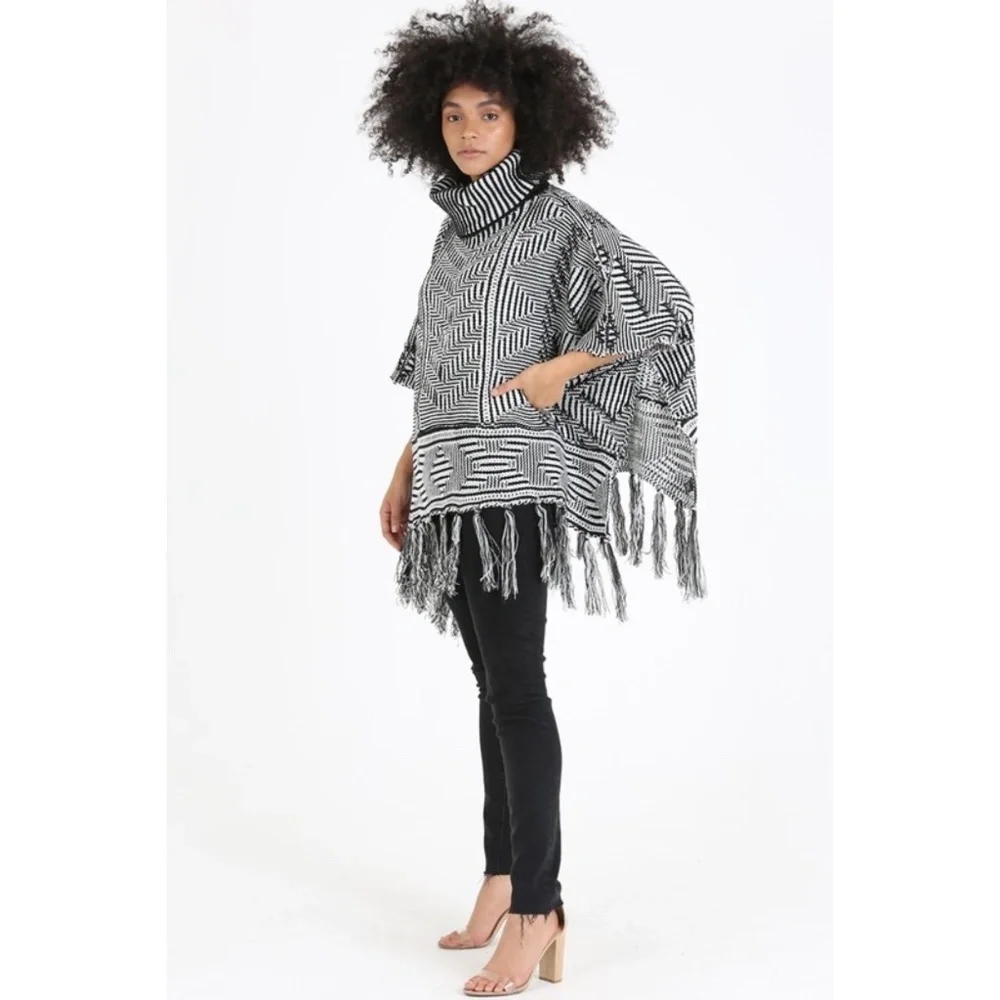 Angie Black White Turtleneck Fringe Poncho Sweater | Boho Fall Winter Layer